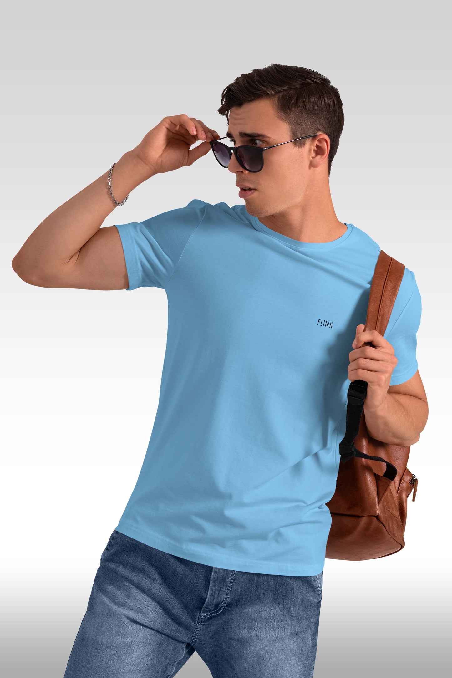 Flink Light Blue Round Neck T-shirt For Men