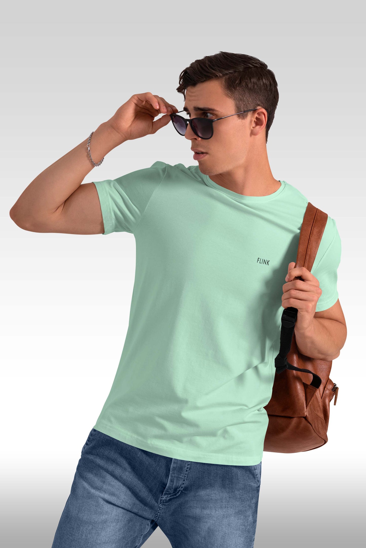 Flink Light Green Round Neck T-shirt For Men