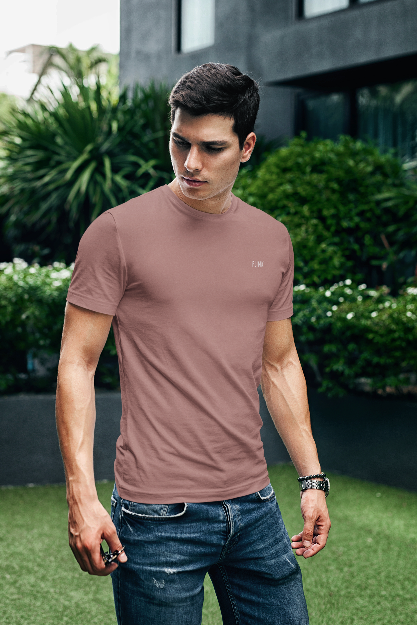 Flink Brown Round Neck T-shirt For Men