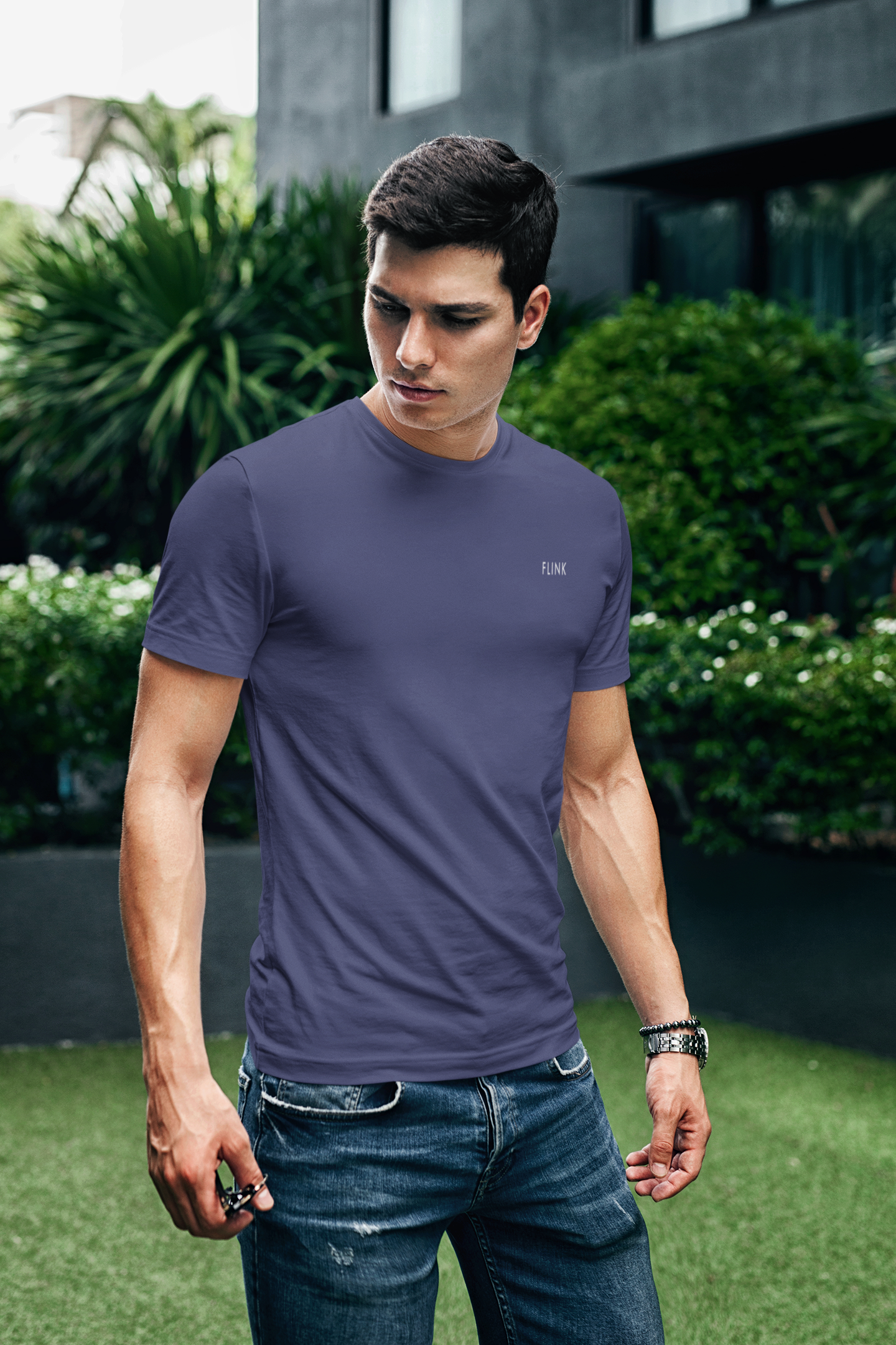 Flink Dark Blue Round Neck T-shirt For Men