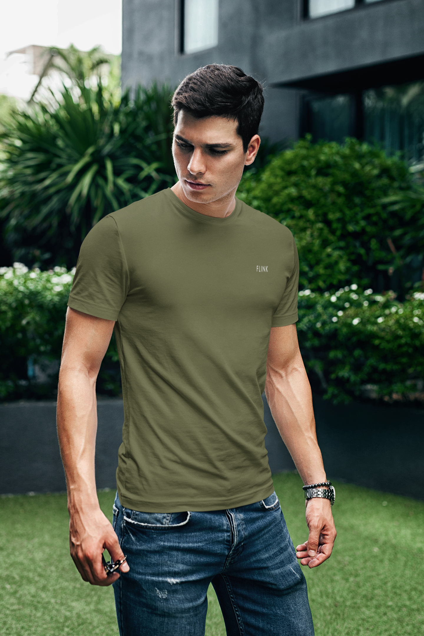 Flink Green Round Neck T-shirt For Men